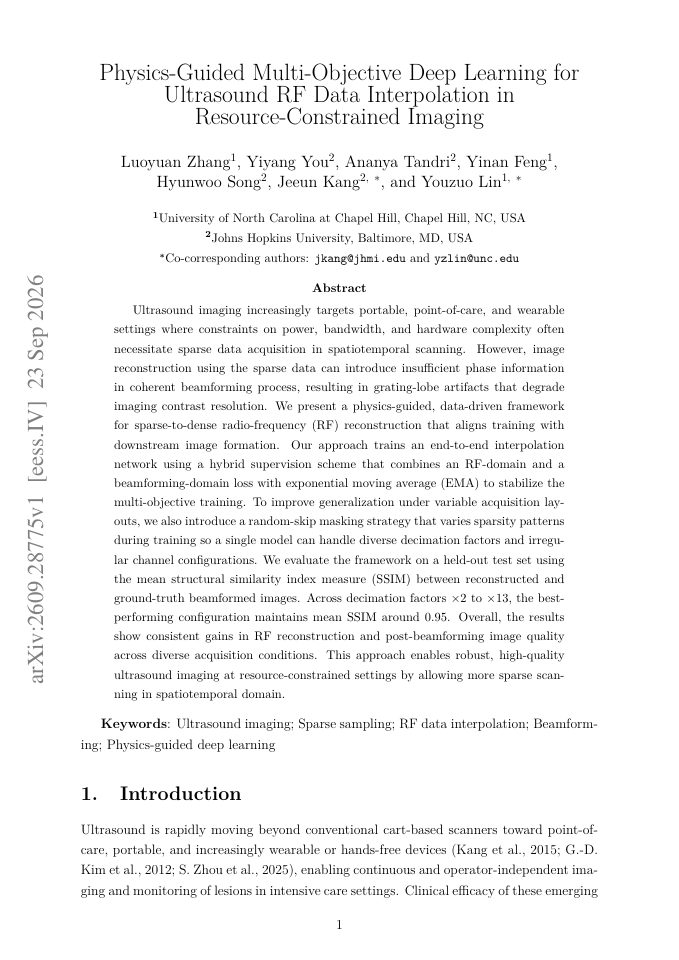 First page of Physics-Guided Multi-Objective Deep Learning for Ultrasound RF Data Interpolation in Resource-Constrained Imaging