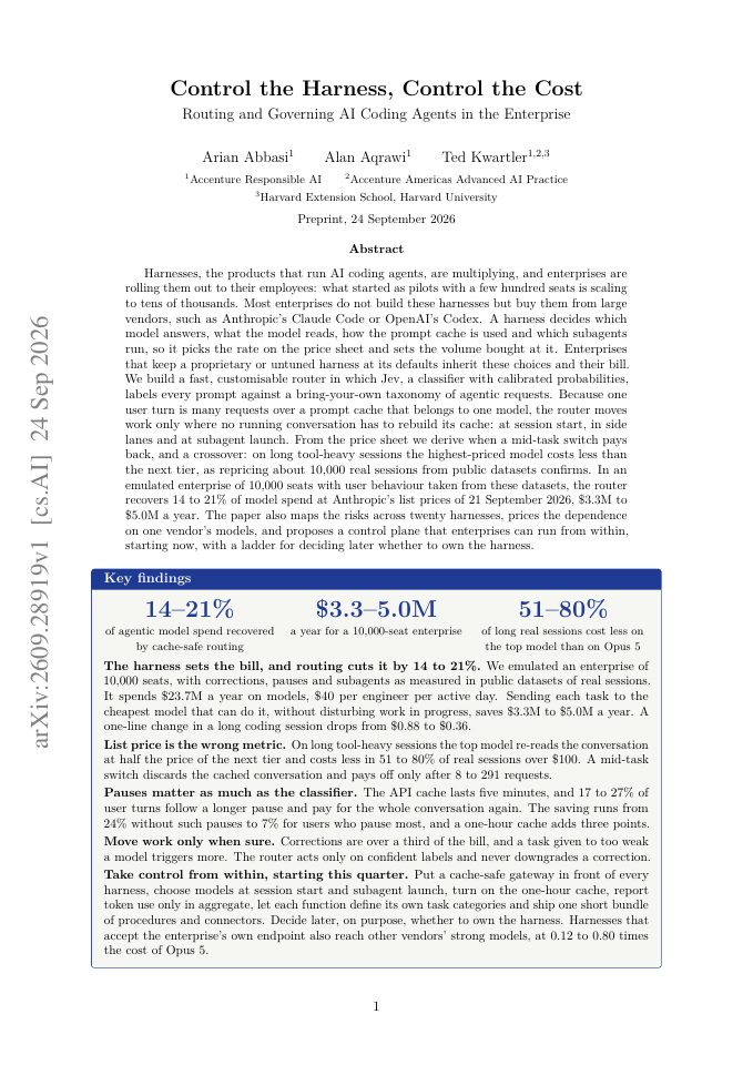First page of Control the Harness, Control the Cost: Routing and Governing AI Coding Agents in the Enterprise