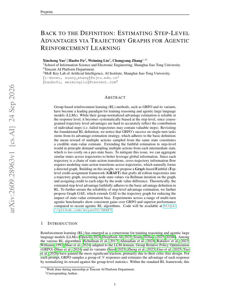 First page of Back to the Definition: Estimating Step-Level Advantages via Trajectory Graphs for Agentic Reinforcement Learning