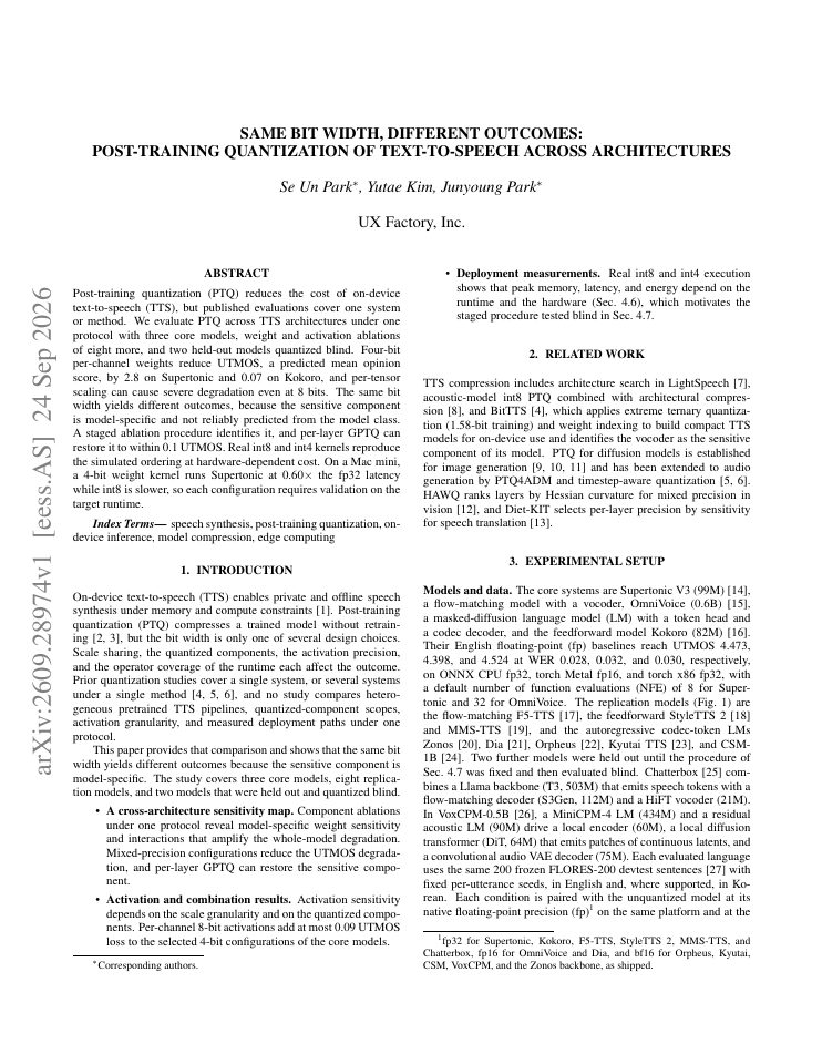 First page of Same Bit Width, Different Outcomes: Post-Training Quantization of Text-to-Speech Across Architectures