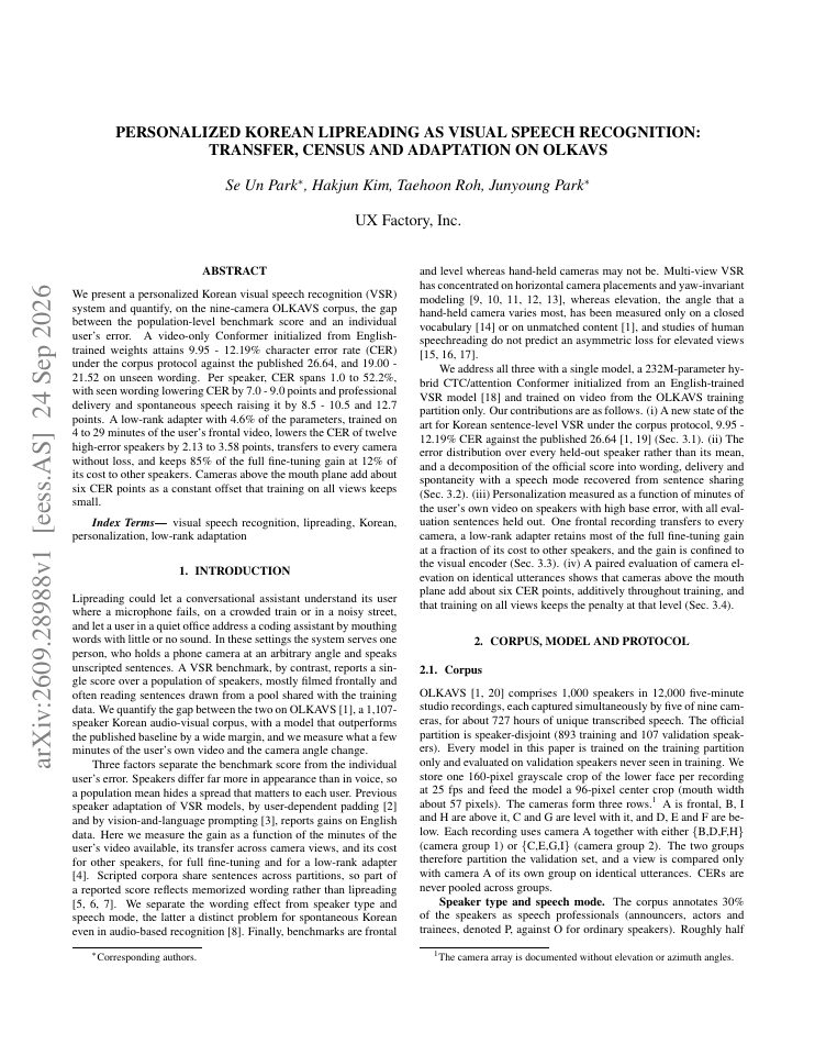 First page of Personalized Korean Lipreading as Visual Speech Recognition: Transfer, Census and Adaptation on OLKAVS