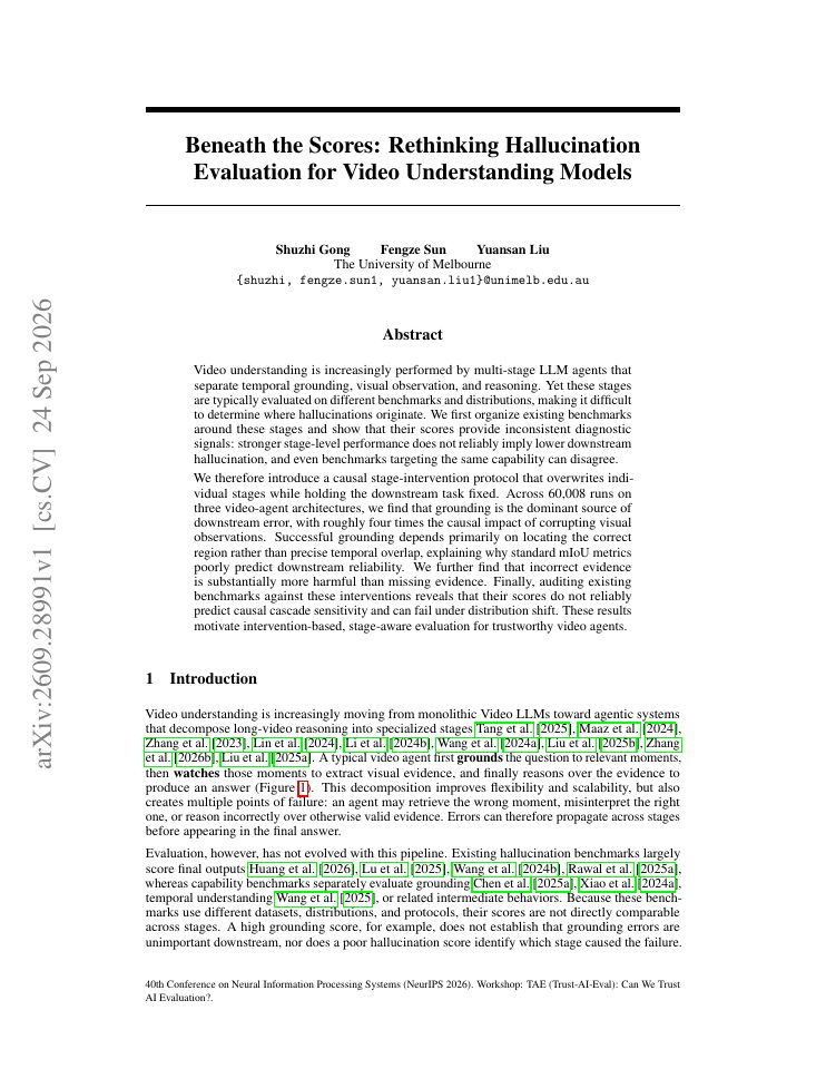 First page of Beneath the Scores: Rethinking Hallucination Evaluation for Video Understanding Models