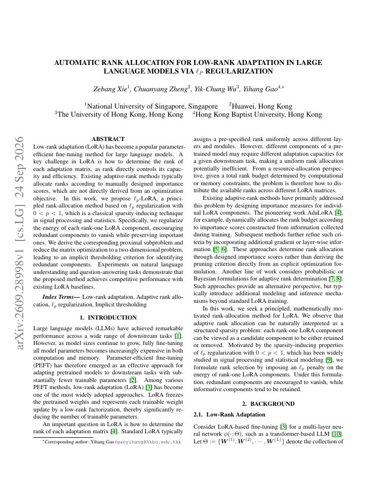 First page of Automatic Rank Allocation for Low-Rank Adaptation in Large Language Models via lp Regularization
