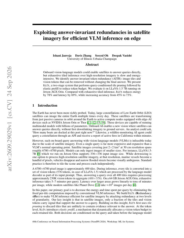 First page of Exploiting answer-invariant redundancies in satellite imagery for efficient VLM inference on edge
