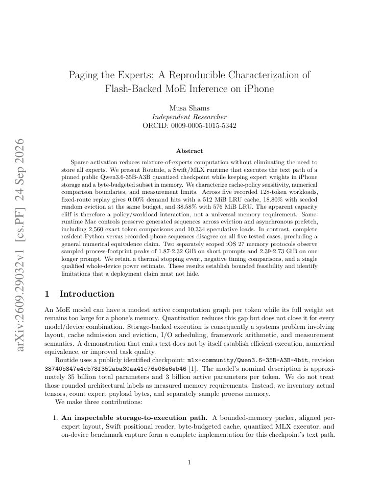 First page of Paging the Experts: A Reproducible Characterization of Flash-Backed MoE Inference on iPhone