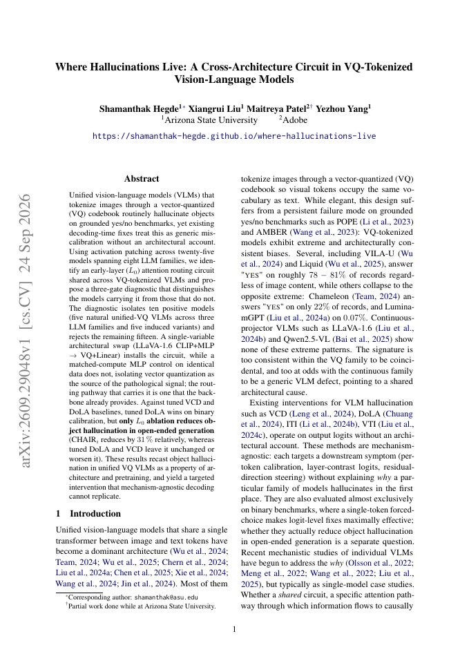 First page of Where Hallucinations Live: A Cross-Architecture Circuit in VQ-Tokenized Vision-Language Models