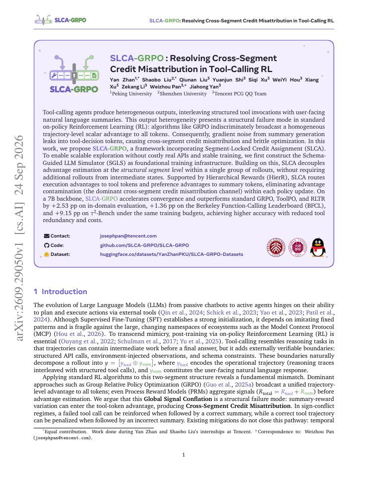 First page of SLCA-GRPO: Resolving Cross-Segment Credit Misattribution in Tool-Calling RL