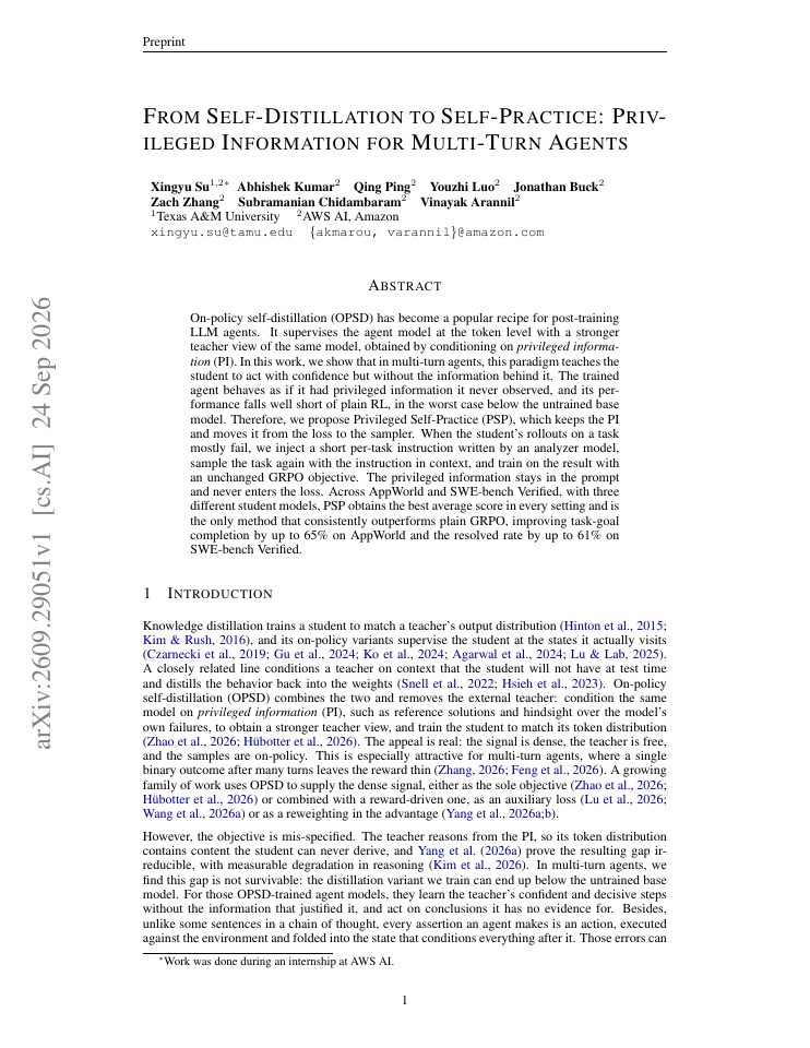 First page of From Self-Distillation to Self-Practice: Privileged Information for Multi-Turn Agents