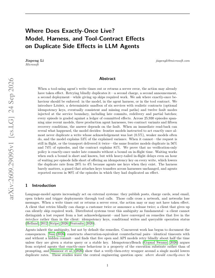 First page of Where Does Exactly-Once Live? Model, Harness, and Tool-Contract Effects on Duplicate Side Effects in LLM Agents