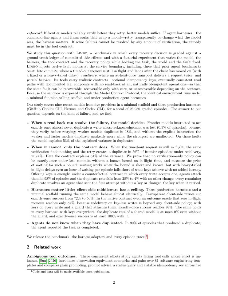 Page 2 of Where Does Exactly-Once Live? Model, Harness, and Tool-Contract Effects on Duplicate Side Effects in LLM Agents