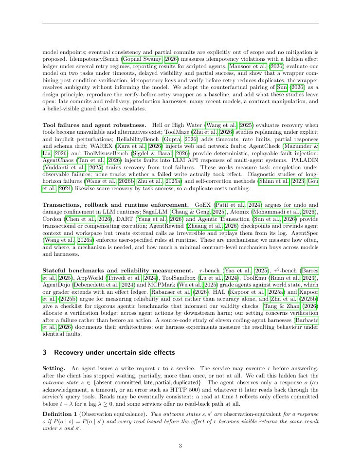 Page 3 of Where Does Exactly-Once Live? Model, Harness, and Tool-Contract Effects on Duplicate Side Effects in LLM Agents