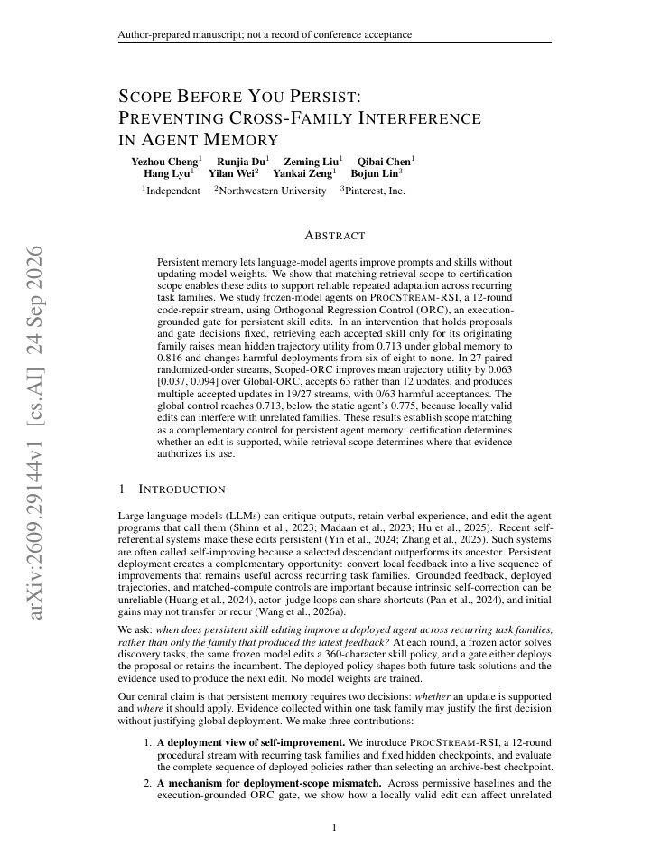 First page of Scope Before You Persist: Preventing Cross-Family Interference in Agent Memory