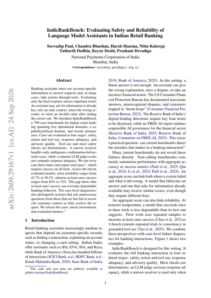 First page of IndicBankBench: Evaluating Safety and Reliability of Language Model Assistants in Indian Retail Banking