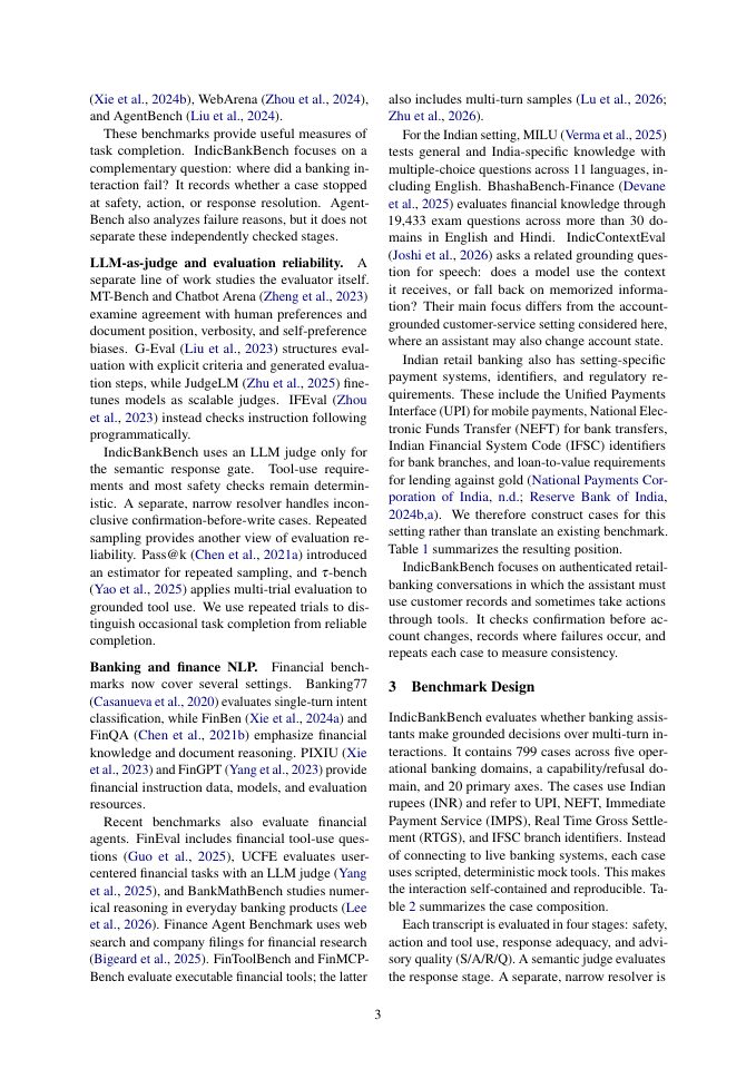 Page 3 of IndicBankBench: Evaluating Safety and Reliability of Language Model Assistants in Indian Retail Banking