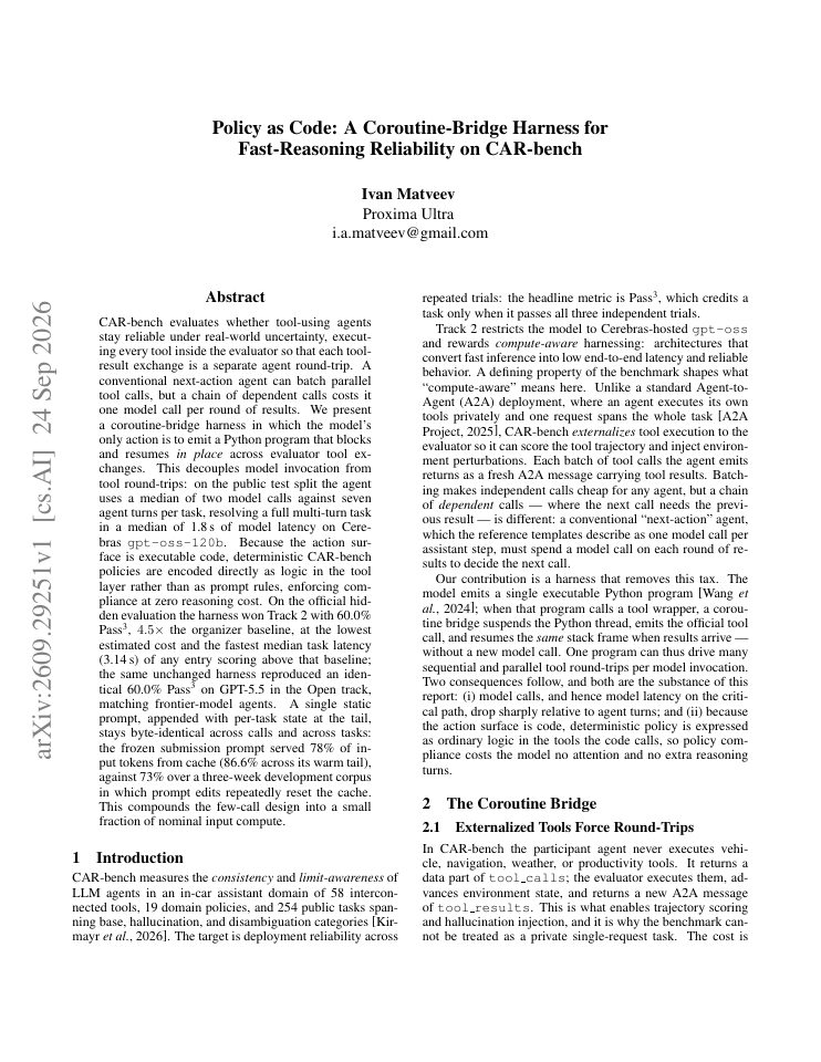 First page of Policy as Code: A Coroutine-Bridge Harness for Fast-Reasoning Reliability on CAR-bench