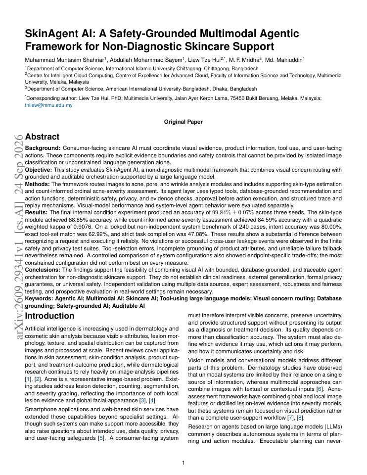 First page of SkinAgent AI: A Safety-Grounded Multimodal Agentic Framework for Non-Diagnostic Skincare Support