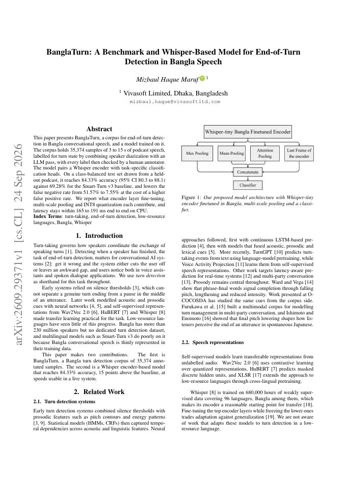 First page of BanglaTurn: A Benchmark and Whisper-Based Model for End-of-Turn Detection in Bangla Speech