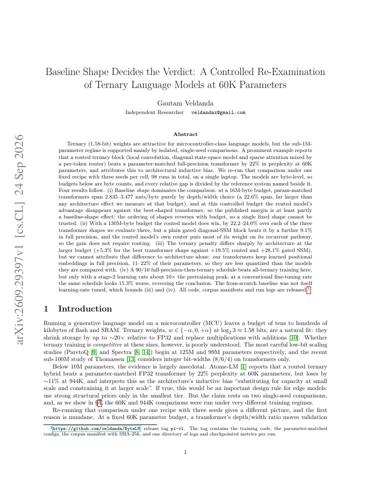 First page of Baseline Shape Decides the Verdict: A Controlled Re-Examination of Ternary Language Models at 60K Parameters