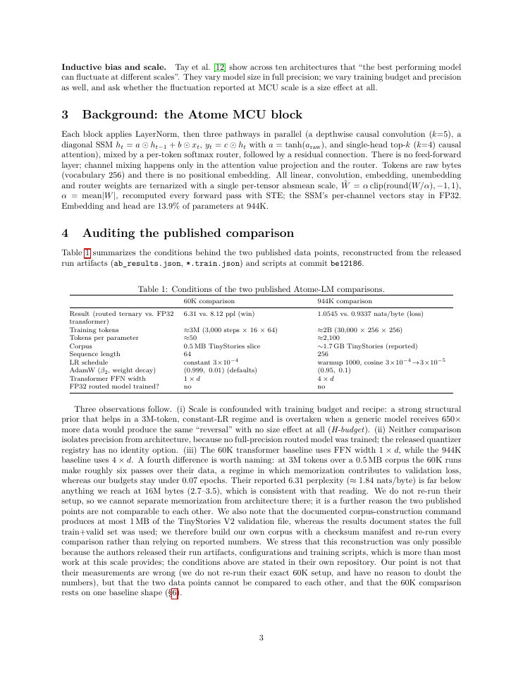 Page 3 of Baseline Shape Decides the Verdict: A Controlled Re-Examination of Ternary Language Models at 60K Parameters