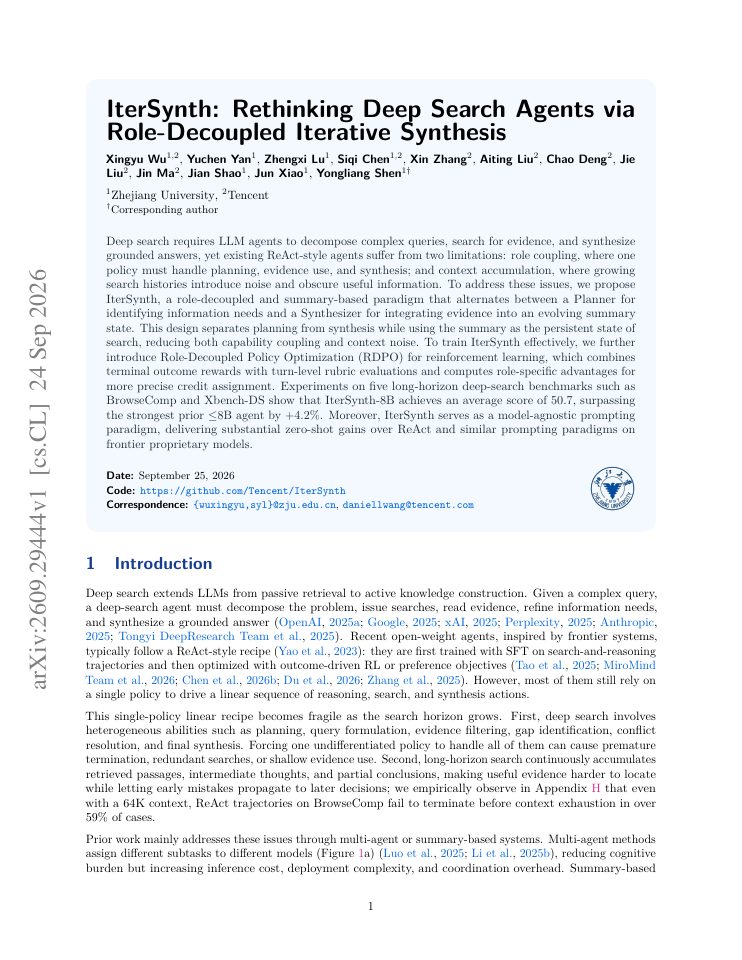 First page of IterSynth: Rethinking Deep Search Agents via Role-Decoupled Iterative Synthesis
