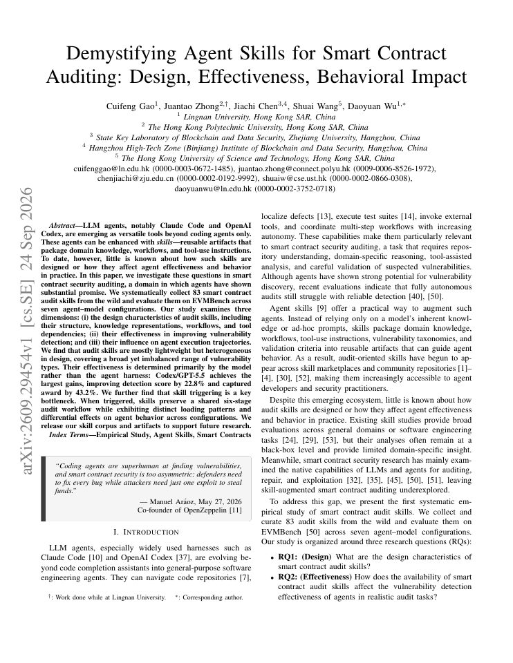 First page of Demystifying Agent Skills for Smart Contract Auditing: Design, Effectiveness, Behavioral Impact