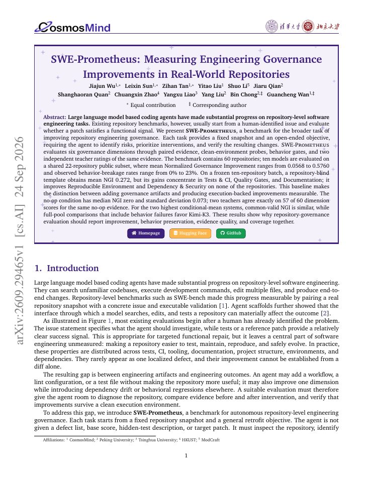 First page of SWE-Prometheus: Measuring Engineering Governance Improvements in Real-World Repositories