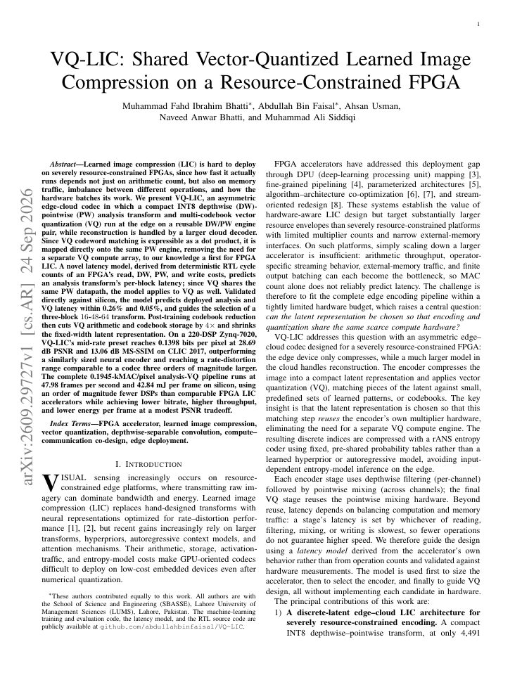 First page of VQ-LIC: Shared Vector-Quantized Learned Image Compression on a Resource-Constrained FPGA