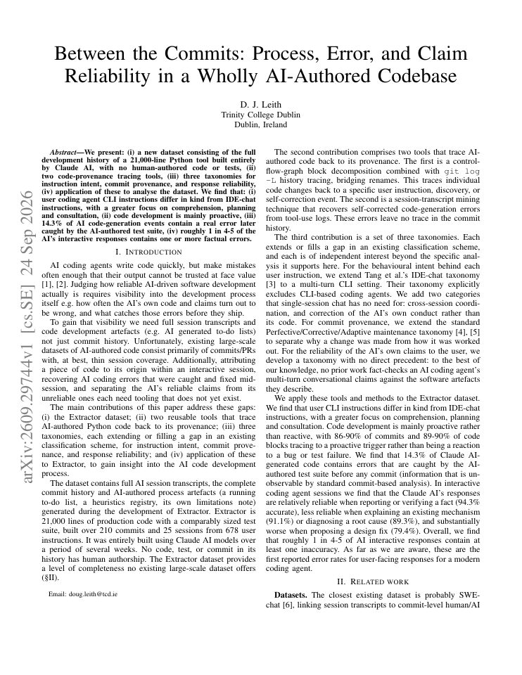 First page of Between the Commits: Process, Error, and Claim Reliability in a Wholly AI-Authored Codebase