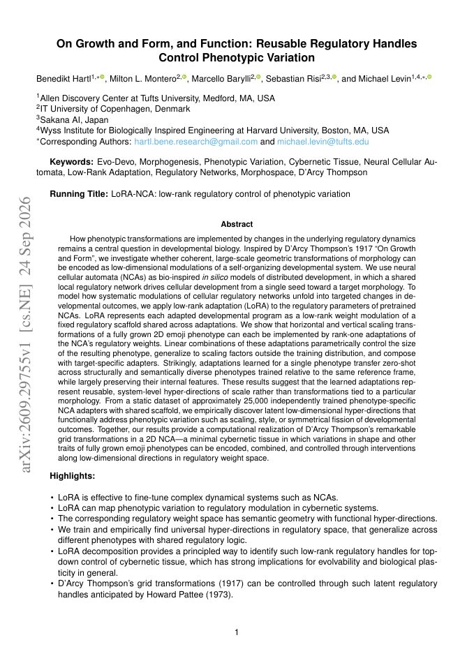 First page of On Growth and Form, and Function: Reusable Regulatory Handles Control Phenotypic Variation