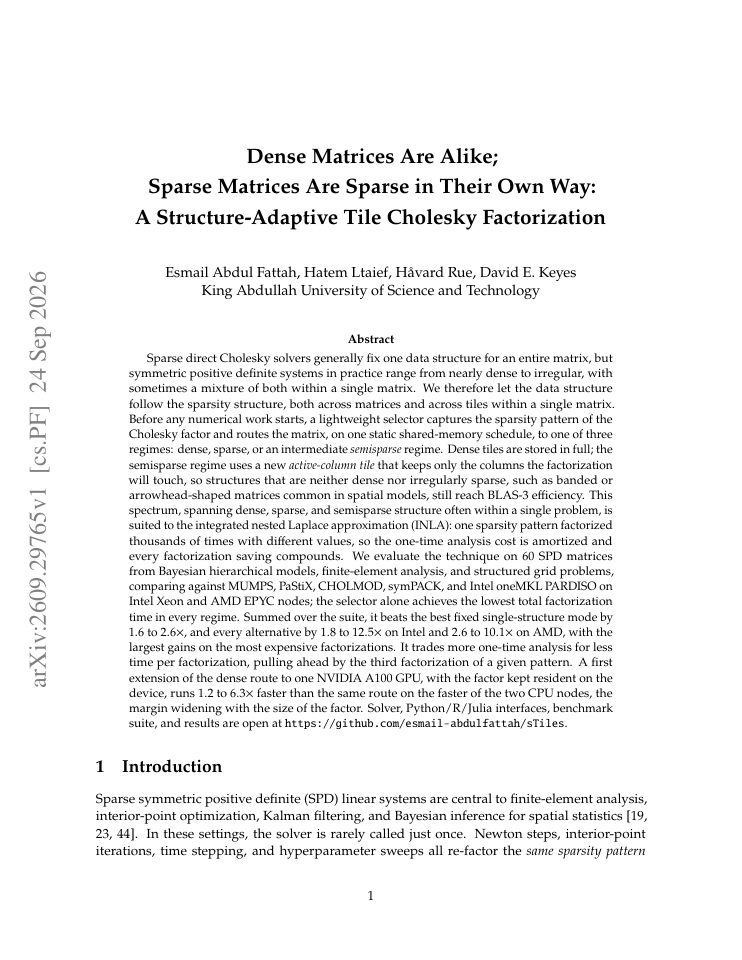 First page of Dense Matrices Are Alike; Sparse Matrices Are Sparse in Their Own Way: A Structure-Adaptive Tile Cholesky Factorization