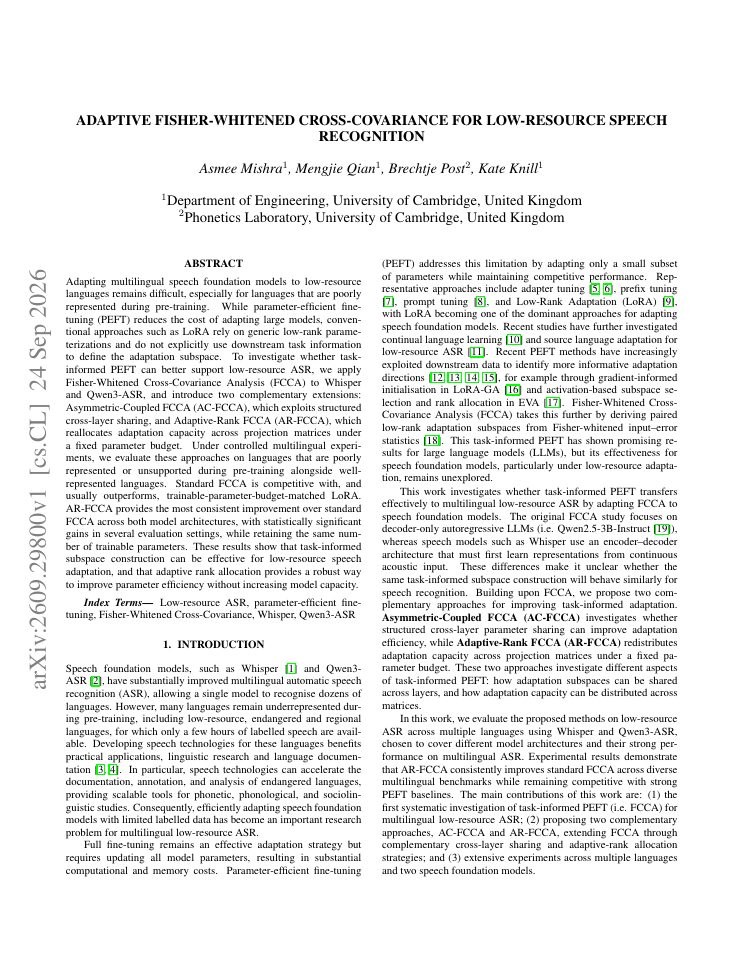 First page of Adaptive Fisher-Whitened Cross-Covariance for Low-Resource Speech Recognition