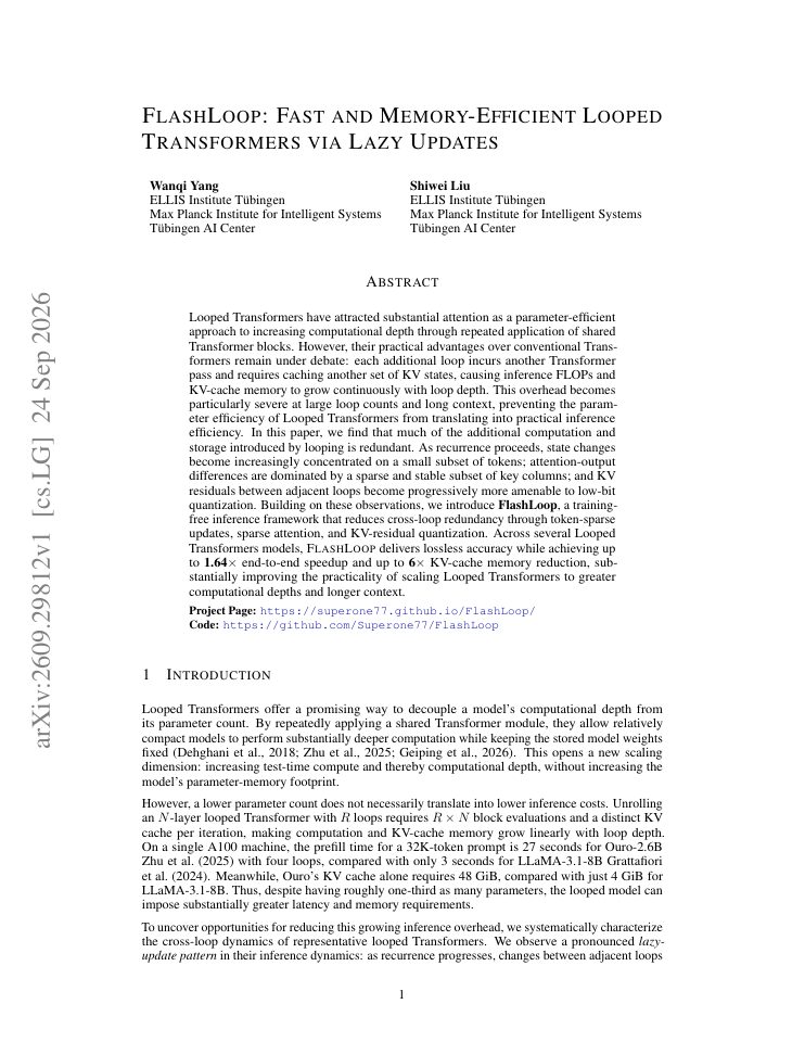 First page of FlashLoop: Fast and Memory-Efficient Looped Transformers via Lazy Updates