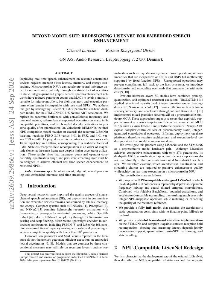 First page of Beyond Model Size: Redesigning LiSenNet for embedded speech enhancement