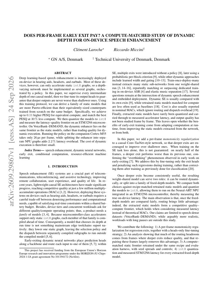 First page of Does per-frame early exit pay? A compute-matched study of dynamic depth for on-device speech enhancement