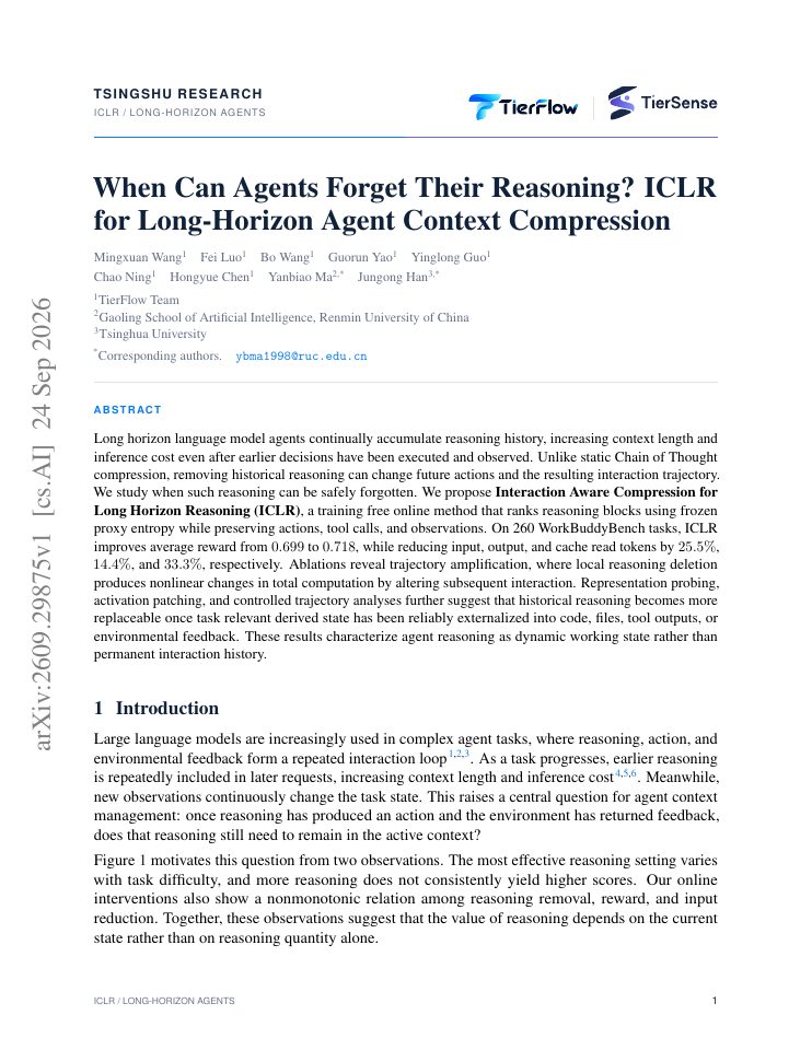First page of When Can Agents Forget Their Reasoning? ICLR for Long-Horizon Agent Context Compression