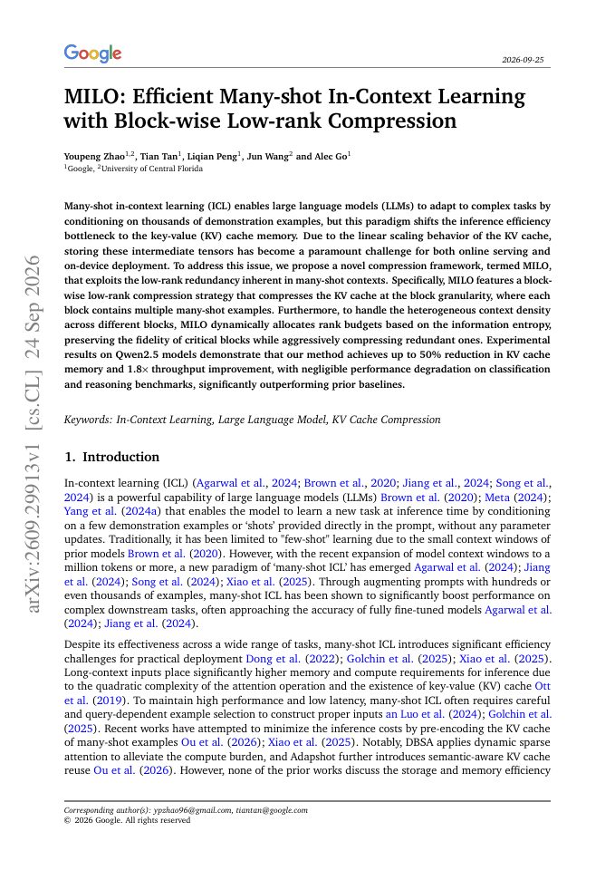 First page of MILO: Efficient Many-shot In-Context Learning with Block-wise Low-rank Compression