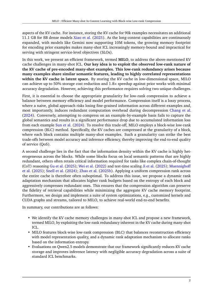 Page 2 of MILO: Efficient Many-shot In-Context Learning with Block-wise Low-rank Compression