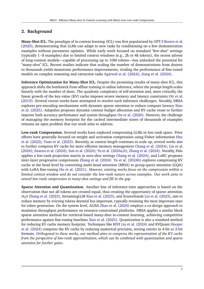 Page 3 of MILO: Efficient Many-shot In-Context Learning with Block-wise Low-rank Compression