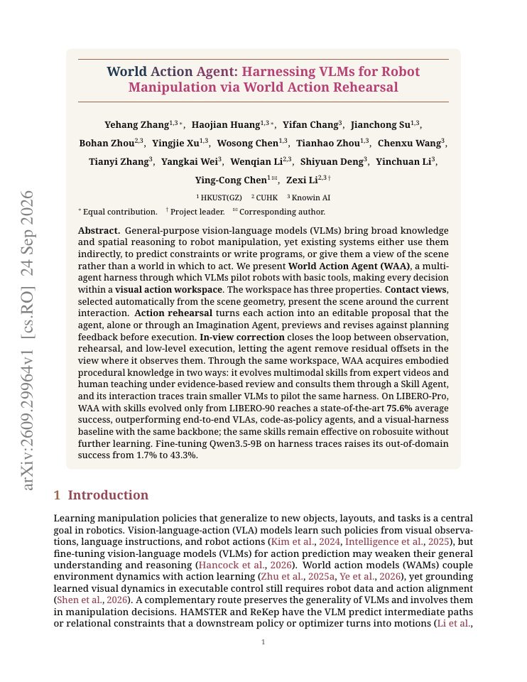 First page of World Action Agent: Harnessing VLMs for Robot Manipulation via World Action Rehearsal