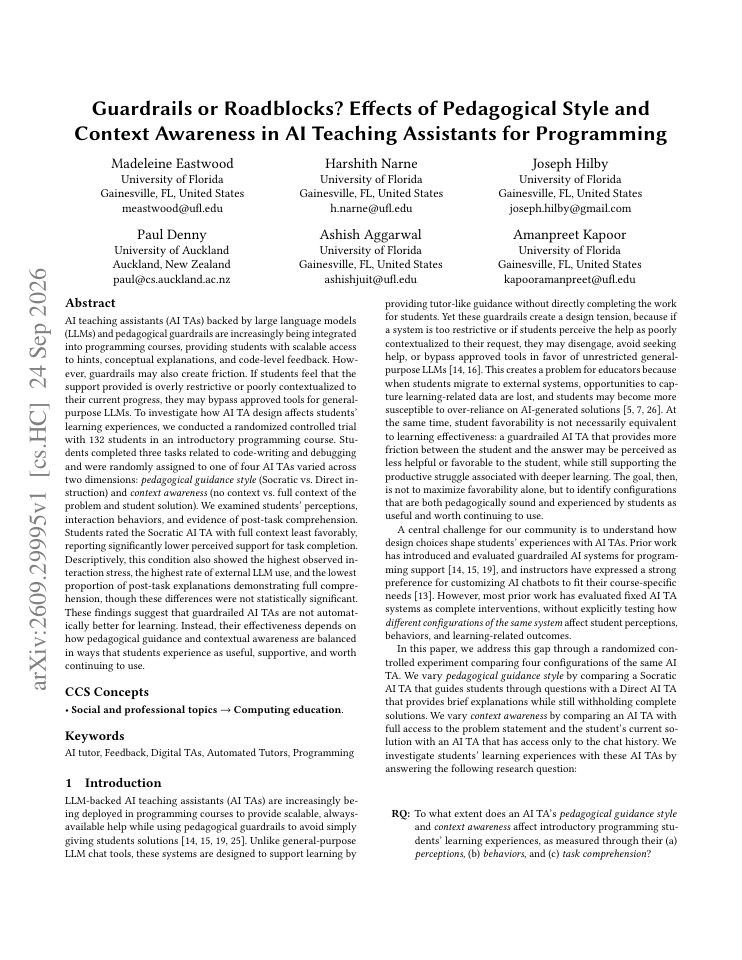 First page of Guardrails or Roadblocks? Effects of Pedagogical Style and Context Awareness in AI Teaching Assistants for Programming