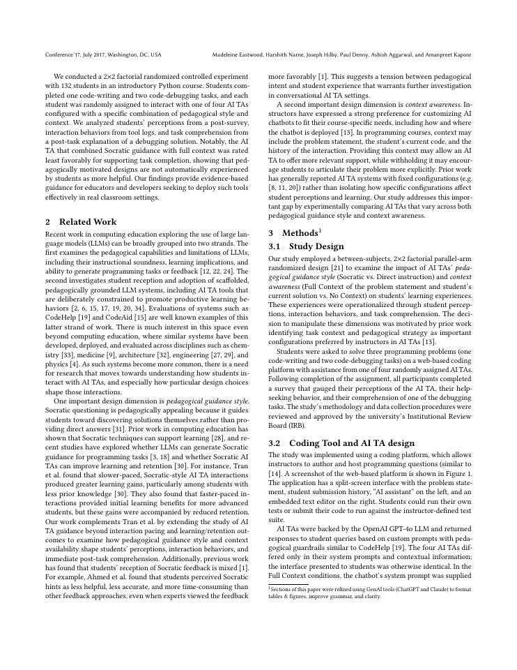 Page 2 of Guardrails or Roadblocks? Effects of Pedagogical Style and Context Awareness in AI Teaching Assistants for Programming