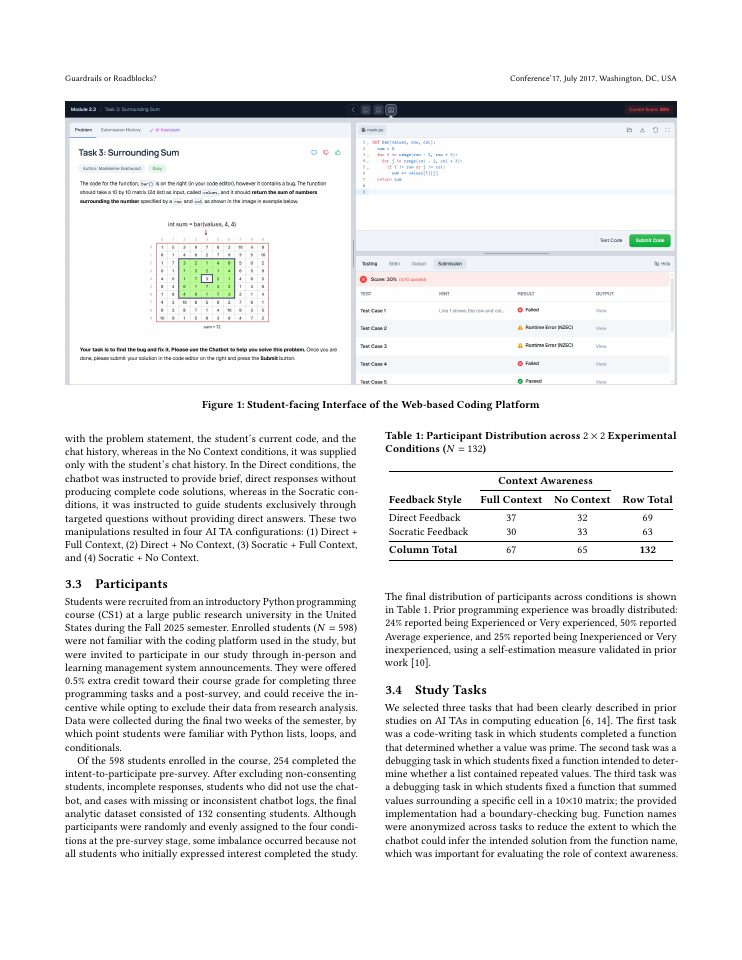 Page 3 of Guardrails or Roadblocks? Effects of Pedagogical Style and Context Awareness in AI Teaching Assistants for Programming