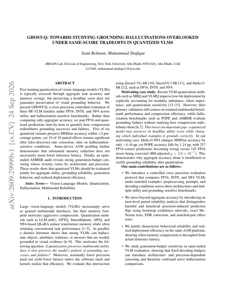 First page of GHOST-Q: Towards Studying Grounding Hallucinations Overlooked Under Same-score TradeOffs in Quantized VLMS