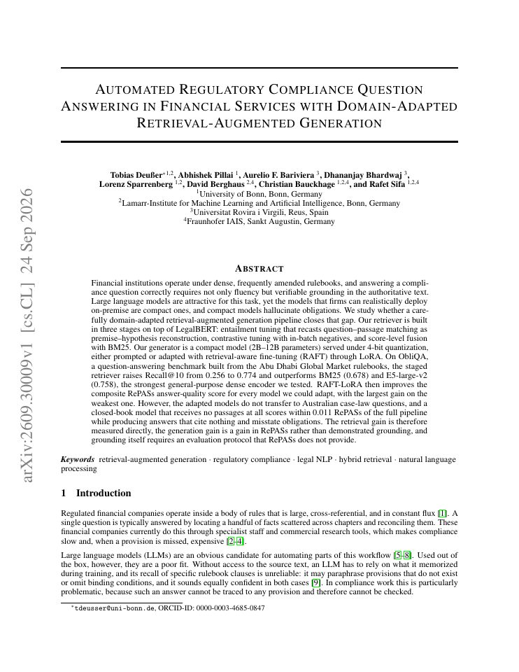 First page of Automated Regulatory Compliance Question Answering in Financial Services with Domain-Adapted Retrieval-Augmented Generation