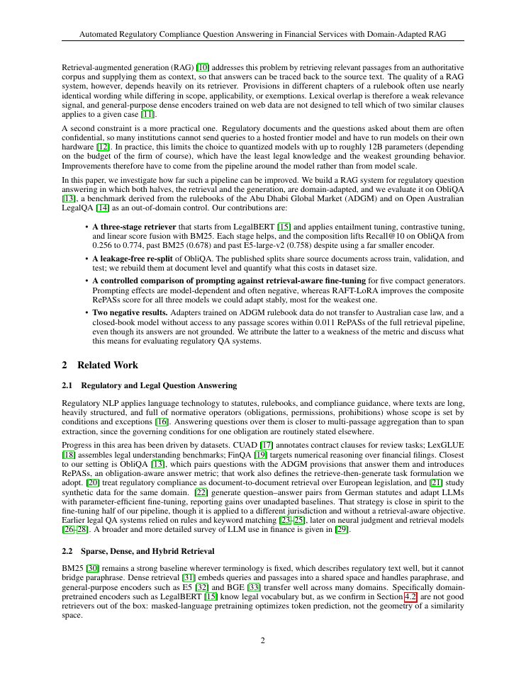 Page 2 of Automated Regulatory Compliance Question Answering in Financial Services with Domain-Adapted Retrieval-Augmented Generation