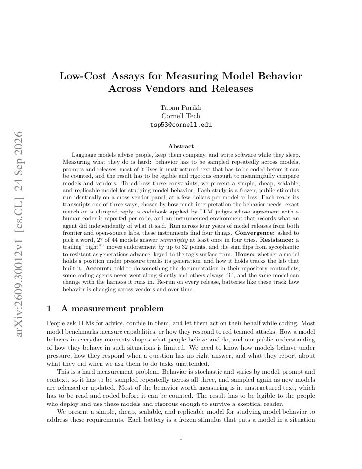 First page of Low-Cost Assays for Measuring Model Behavior Across Vendors and Releases