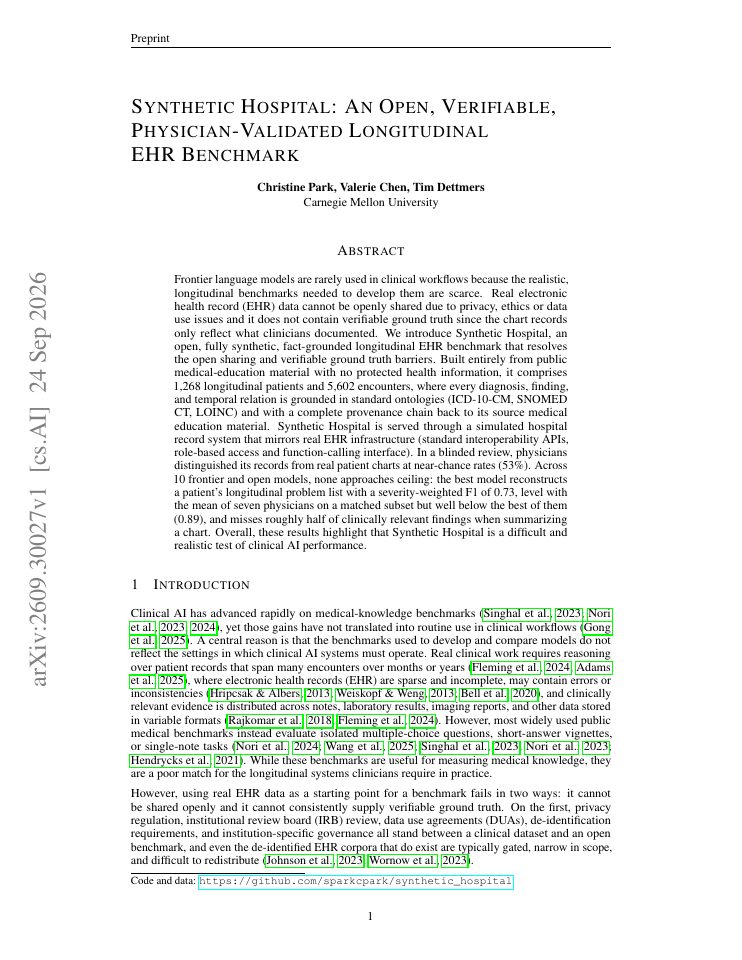 First page of Synthetic Hospital: An Open, Verifiable, Physician-Validated Longitudinal EHR Benchmark
