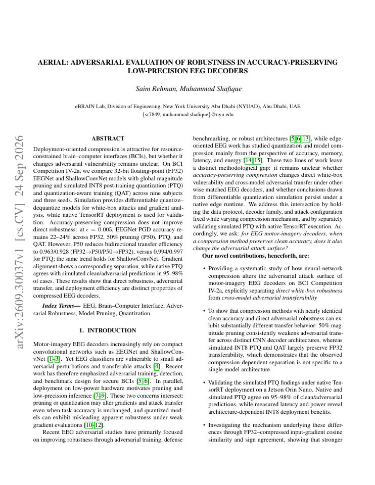 First page of AERIAL: Adversarial Evaluation of Robustness in Accuracy-Preserving Low-Precision EEG Decoders