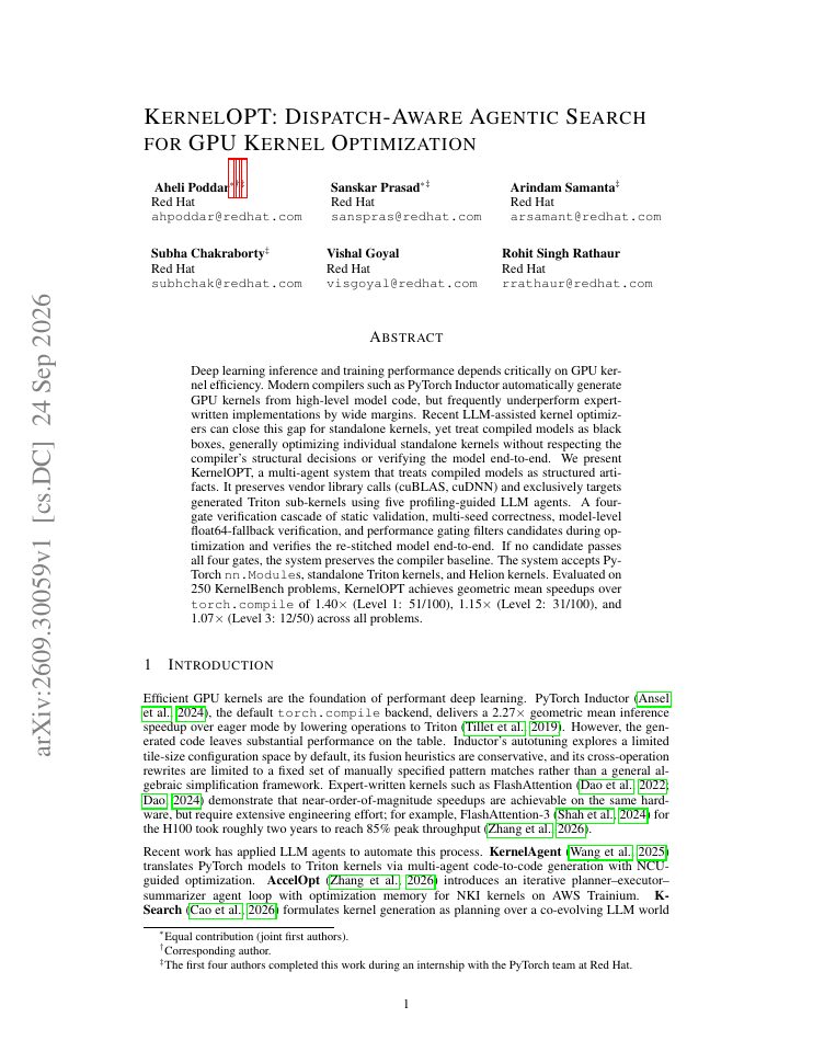 First page of KernelOPT: Dispatch-Aware Agentic Search for GPU Kernel Optimization