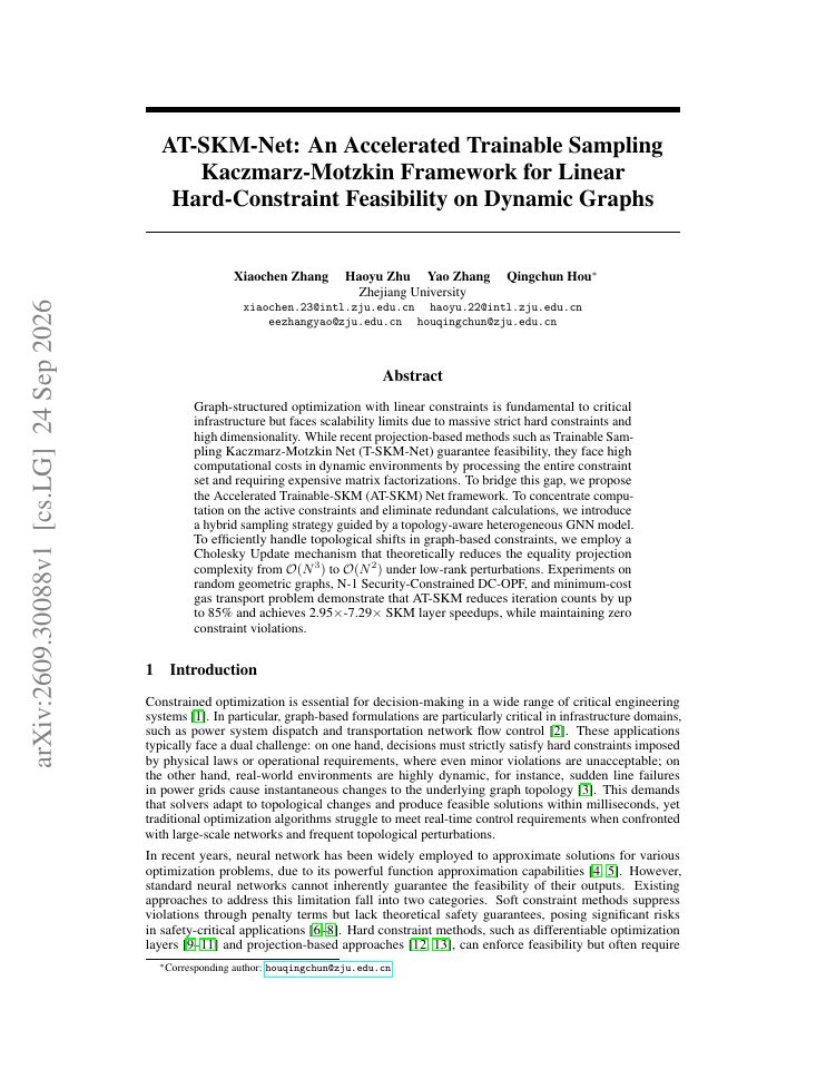 First page of AT-SKM-Net: An Accelerated Trainable Sampling Kaczmarz-Motzkin Framework for Linear Hard-Constraint Feasibility on Dynamic Graphs